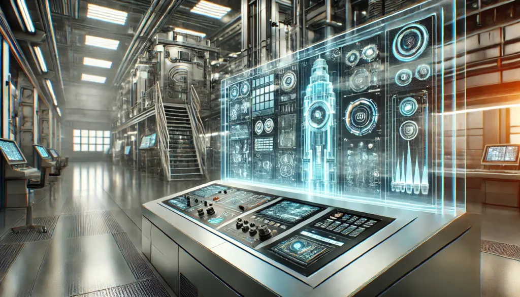 High-tech control panel in a modern industrial setting emphasizing innovation and precision.