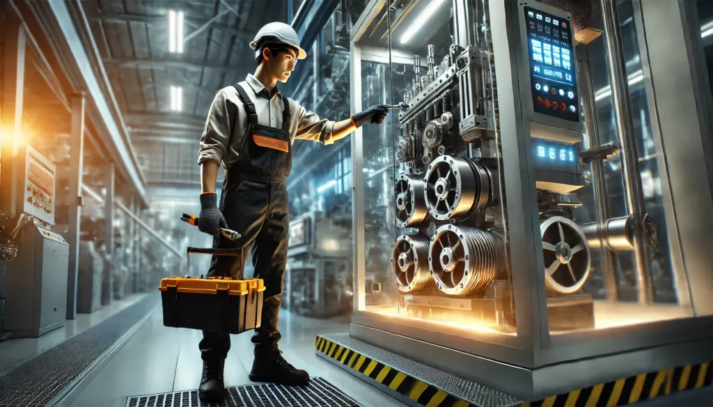 Technician performing maintenance on industrial machinery ensuring reliability and efficiency