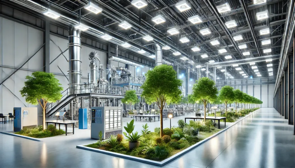 A modern industrial facility showcasing energy-efficient lighting and eco-friendly equipment, symbolizing sustainability in action