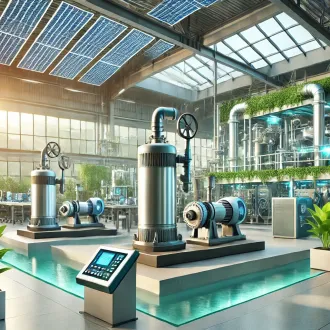 DALL·E 2024-12-04 14.36.52 - An eco-friendly manufacturing facility featuring advanced booster pumping systems in operation. The scene includes green technology, solar panels on t