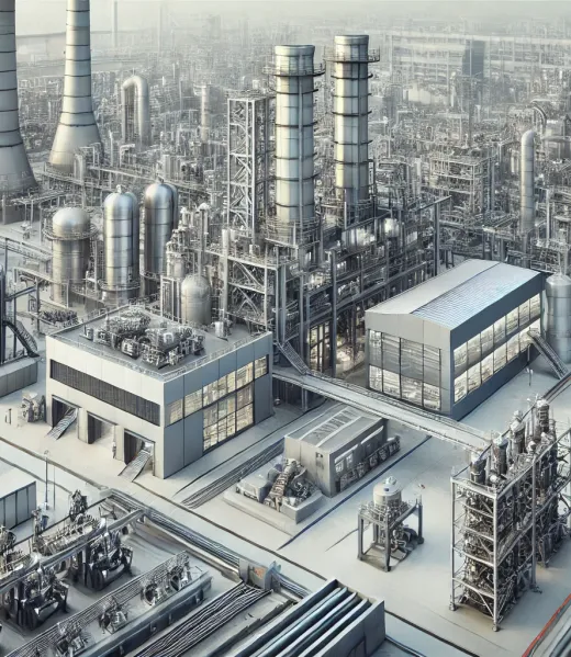 DALL·E 2024-12-04 15.47.43 - A broad view of a modern industrial complex featuring large factories, chimneys, and advanced machinery in operation. The scene includes clean, organi