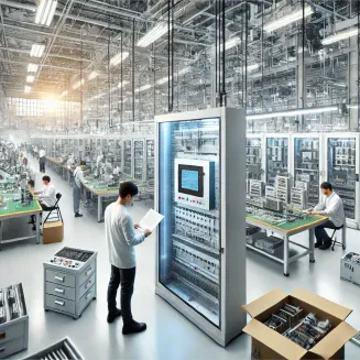 DALL·E 2024-12-04 20.14.50 - A modern factory floor with engineers assembling and testing high-quality industrial control panels. The environment includes advanced machinery and o