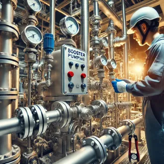 DALL·E 2024-12-04 20.14.57 - A technician inspecting a booster pumping system in an industrial setting. The scene includes visible stainless steel pipelines, gauges, and operation